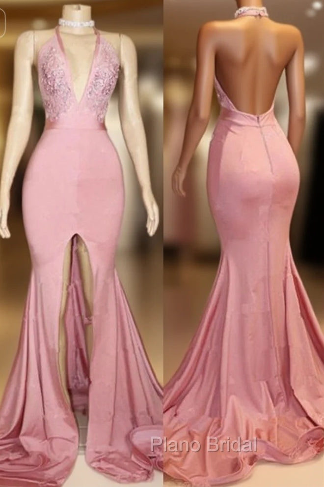 Elegant Pink Formal Prom Party Gowns| Backless Lace Evening Gown With Slit Main image