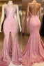 Elegant Pink Formal Prom Party Gowns| Backless Lace Evening Gown With Slit