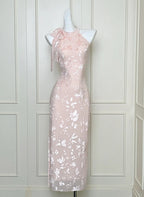 Elegant Pink Slim Halter Neck Jacquard Slit Long Formal Prom Dresses