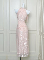 Elegant Pink Slim Halter Neck Jacquard Slit Long Formal Prom Dresses