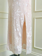 Elegant Pink Slim Halter Neck Jacquard Slit Long Formal Prom Dresses