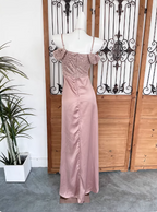 Elegant Pink Spaghetti Strap V-Neck Off-The-Shoulder Slit Sequin Satin Long Formal Prom Dresses