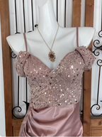 Elegant Pink Spaghetti Strap V-Neck Off-The-Shoulder Slit Sequin Satin Long Formal Prom Dresses