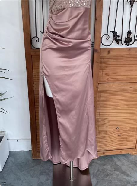 Elegant Pink Spaghetti Strap V-Neck Off-The-Shoulder Slit Sequin Satin Long Formal Prom Dresses
