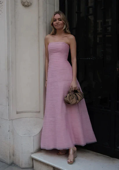 Elegant Pink Strapless A-Line Long Formal Prom Dresses