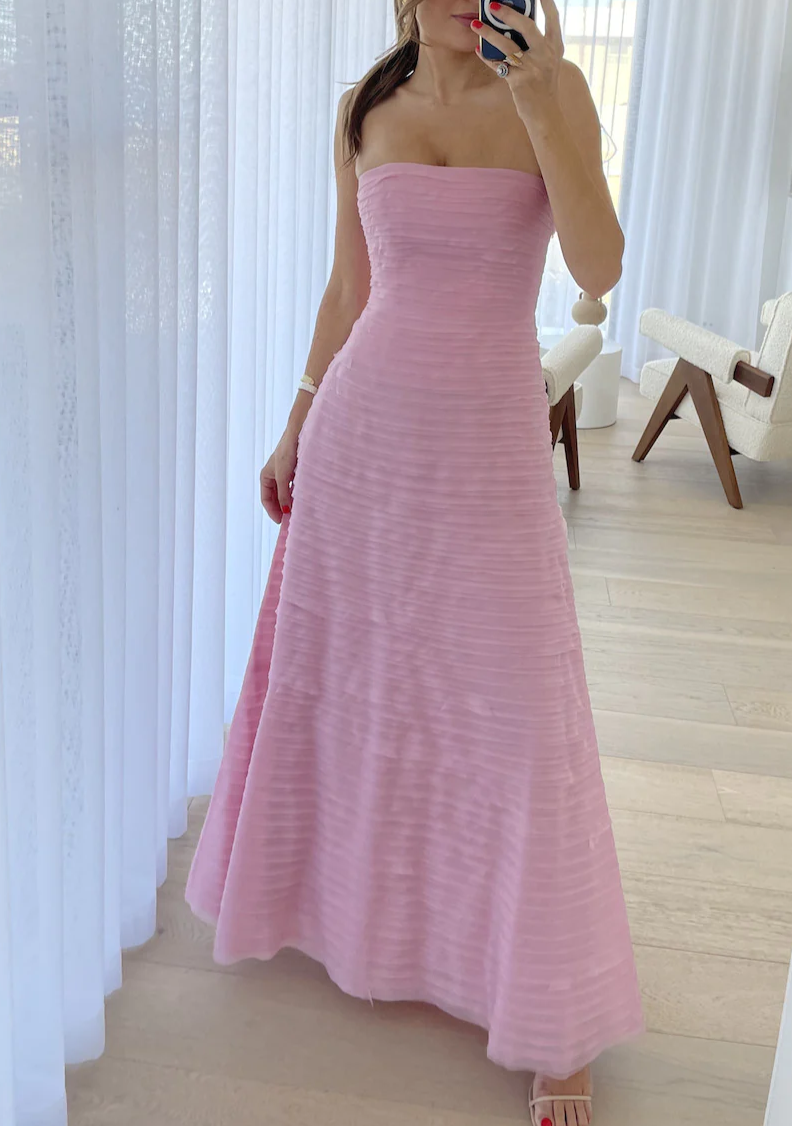 Elegant Pink Strapless A-Line Long Formal Prom Dresses Main image