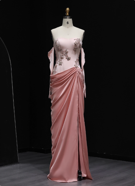 Elegant Pink Strapless Embroidered Floral Satin Slit Long Formal Prom Dresses