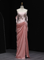 Elegant Pink Strapless Embroidered Floral Satin Slit Long Formal Prom Dresses