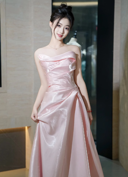 Elegant Pink Strapless Ruffled Satin Long Formal Prom Dresses Bridesmaid Dresses Secondary image