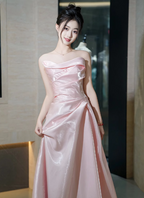 Elegant Pink Strapless Ruffled Satin Long Formal Prom Dresses Bridesmaid Dresses