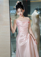 Elegant Pink Strapless Ruffled Satin Long Formal Prom Dresses Bridesmaid Dresses