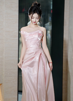 Elegant Pink Strapless Ruffled Satin Long Formal Prom Dresses Bridesmaid Dresses