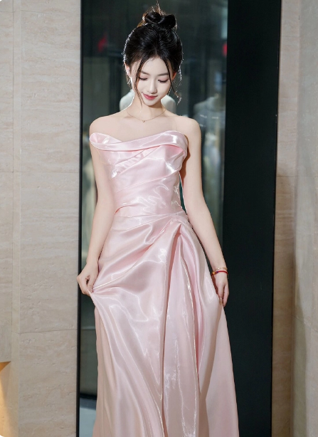 Elegant Pink Strapless Ruffled Satin Long Formal Prom Dresses Bridesmaid Dresses
