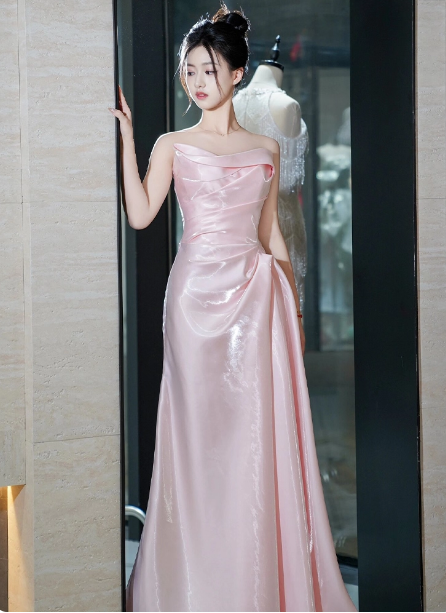 Elegant Pink Strapless Ruffled Satin Long Formal Prom Dresses Bridesmaid Dresses
