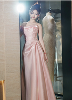 Elegant Pink Strapless Ruffled Satin Long Formal Prom Dresses Bridesmaid Dresses