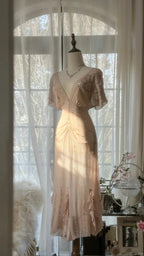 Elegant Pink V-neck Short-sleeved Chiffon Flowing Prom Dress