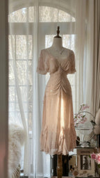 Elegant Pink V-neck Short-sleeved Chiffon Flowing Prom Dress