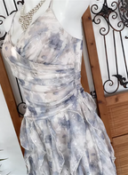 Elegant Printed Spaghetti Strap V-Neck Ruffled Layered Tulle Formal Prom Dresses