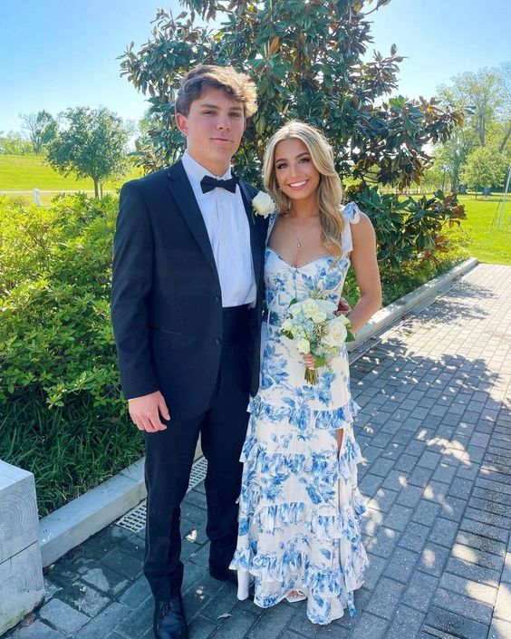 Elegant Printing Formal Evening Dresses Sleeveless Dresses With Split