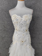 Elegant Pure White Sweetheart Neck Pearl Lace Tulle Long Formal Prom Dresses