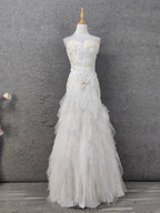 Elegant Pure White Sweetheart Neck Pearl Lace Tulle Long Formal Prom Dresses