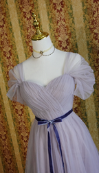 Elegant Purple A-Line Puff Sleeve Tulle Long Formal Prom Dresses Bridesmaid Dresses