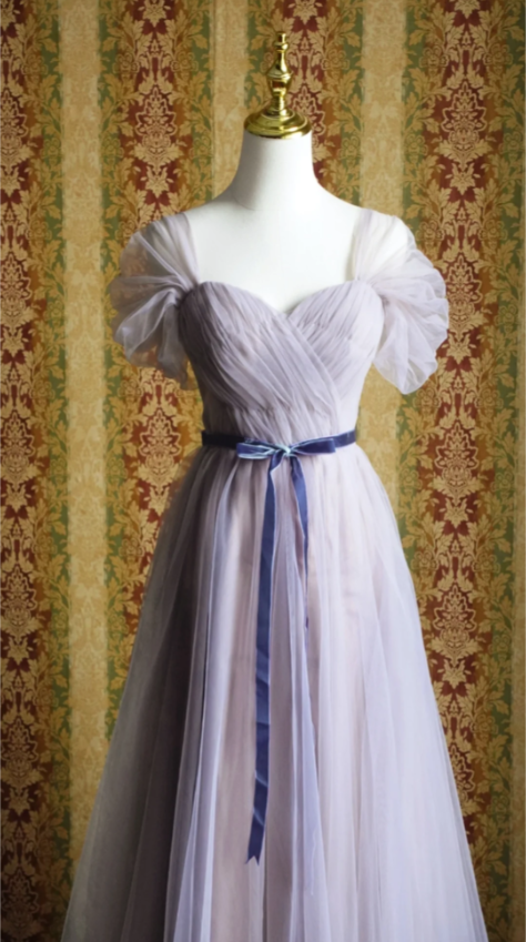 Elegant Purple A-Line Puff Sleeve Tulle Long Formal Prom Dresses Bridesmaid Dresses