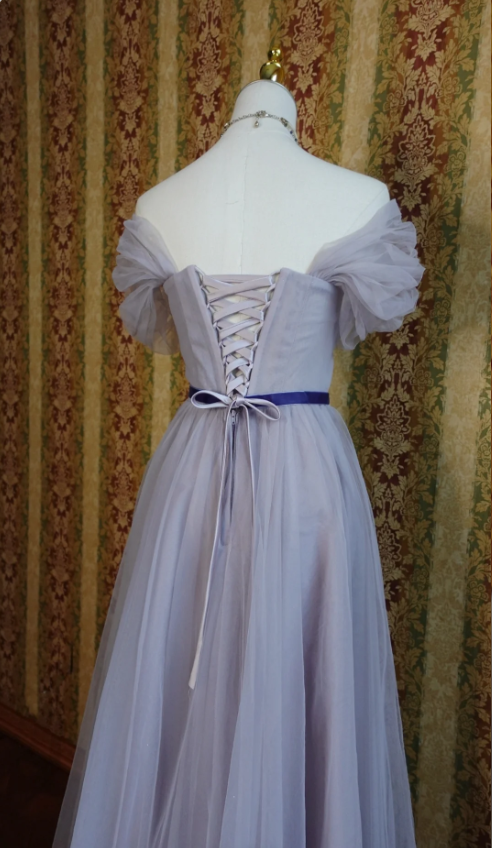 Elegant Purple A-Line Puff Sleeve Tulle Long Formal Prom Dresses Bridesmaid Dresses