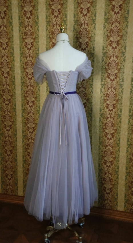 Elegant Purple A-Line Puff Sleeve Tulle Long Formal Prom Dresses Bridesmaid Dresses