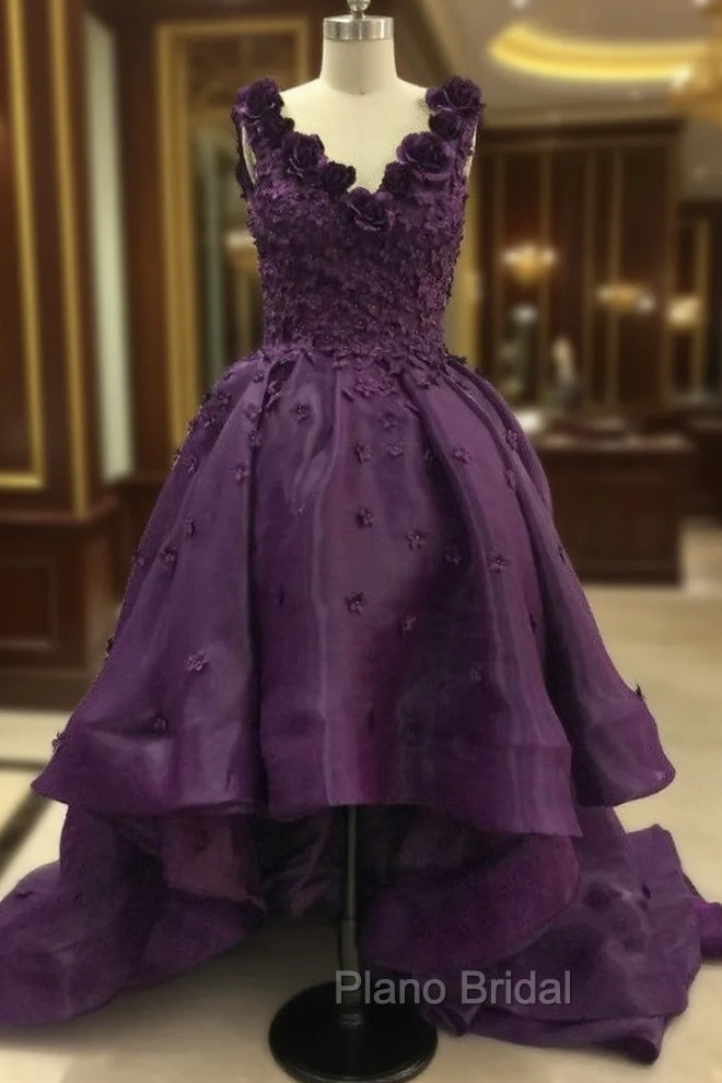 Elegant Purple Deep V Neck Appliqued Floral Short Front Long Back High Low Formal Prom Dresses