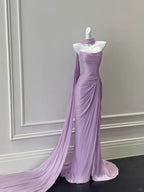 Elegant Purple Fitted Strapless Pleated Satin Long Formal Prom Dresses