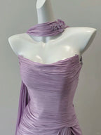 Elegant Purple Fitted Strapless Pleated Satin Long Formal Prom Dresses