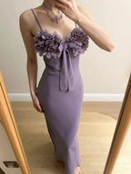 Elegant Purple Mermaid 3D Flower Bow Thin Strap Satin Long Formal Prom Dresses Bridesmaid Dresses
