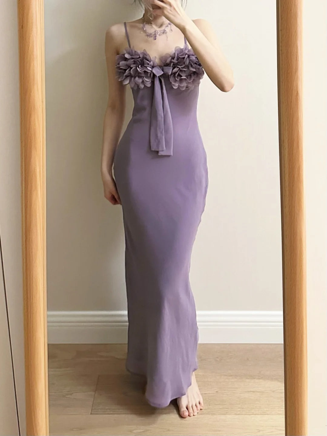Elegant Purple Mermaid 3D Flower Bow Thin Strap Satin Long Formal Prom Dresses Bridesmaid Dresses
