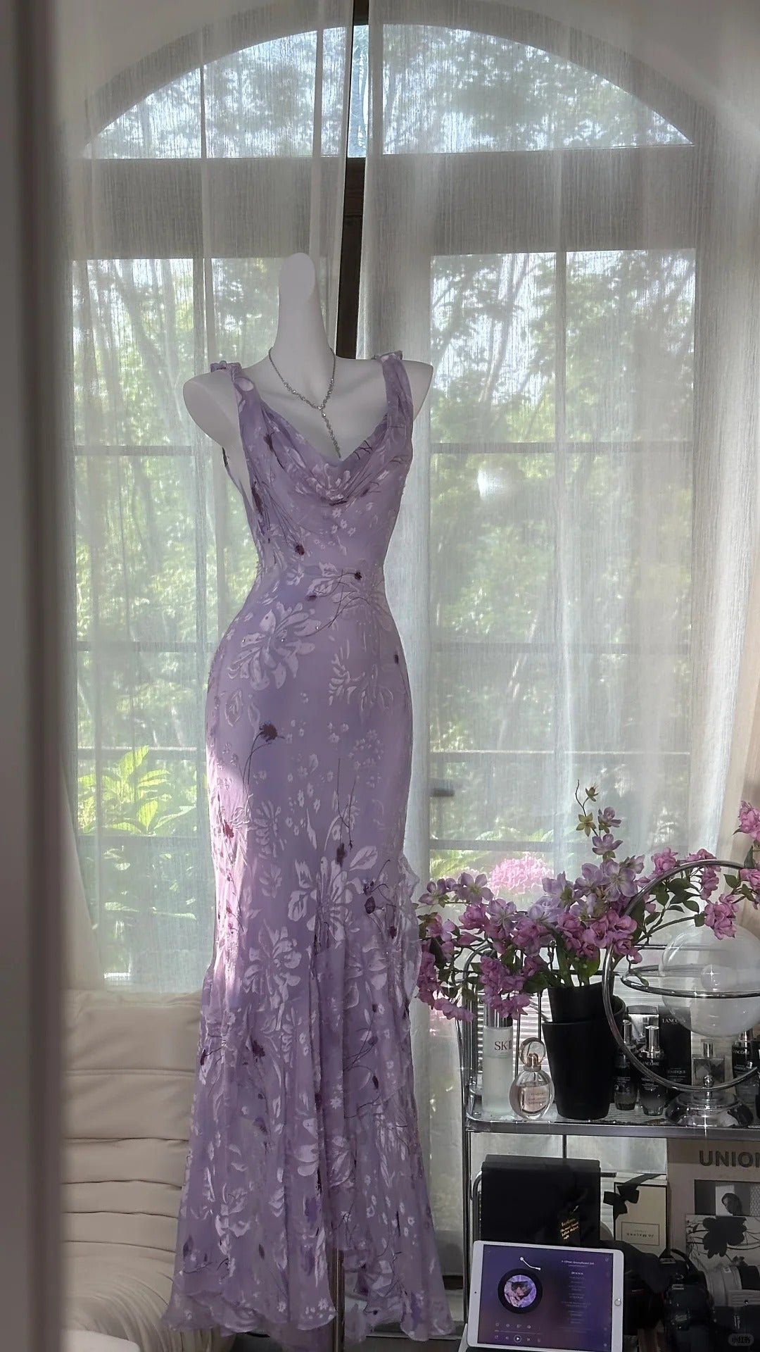 Elegant Purple Mermaid Printed Boat Neck Chiffon Long Formal Prom Dresses Secondary image