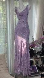 Elegant Purple Mermaid Printed Boat Neck Chiffon Long Formal Prom Dresses