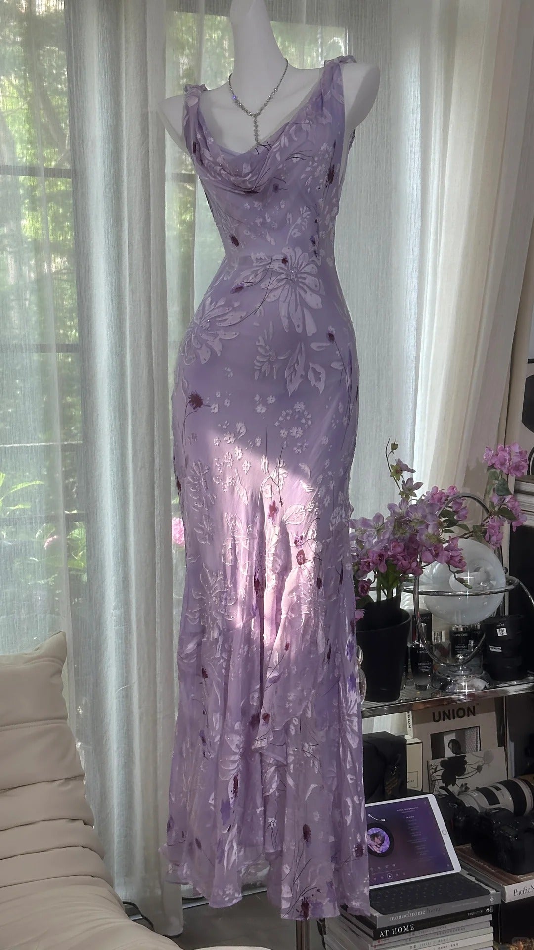 Elegant Purple Mermaid Printed Boat Neck Chiffon Long Formal Prom Dresses