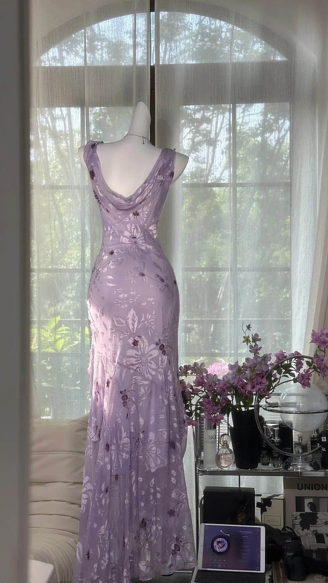 Elegant Purple Mermaid Printed Boat Neck Chiffon Long Formal Prom Dresses