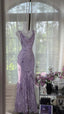 Elegant Purple Mermaid Printed Boat Neck Chiffon Long Formal Prom Dresses