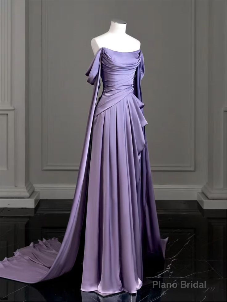 Elegant Purple Satin Prom Dress, Draped Bodice Formal Party Dress Main image