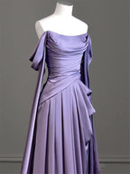 Elegant Purple Satin Formal Prom Dresses, Draped Bodice Formal Party Dresses