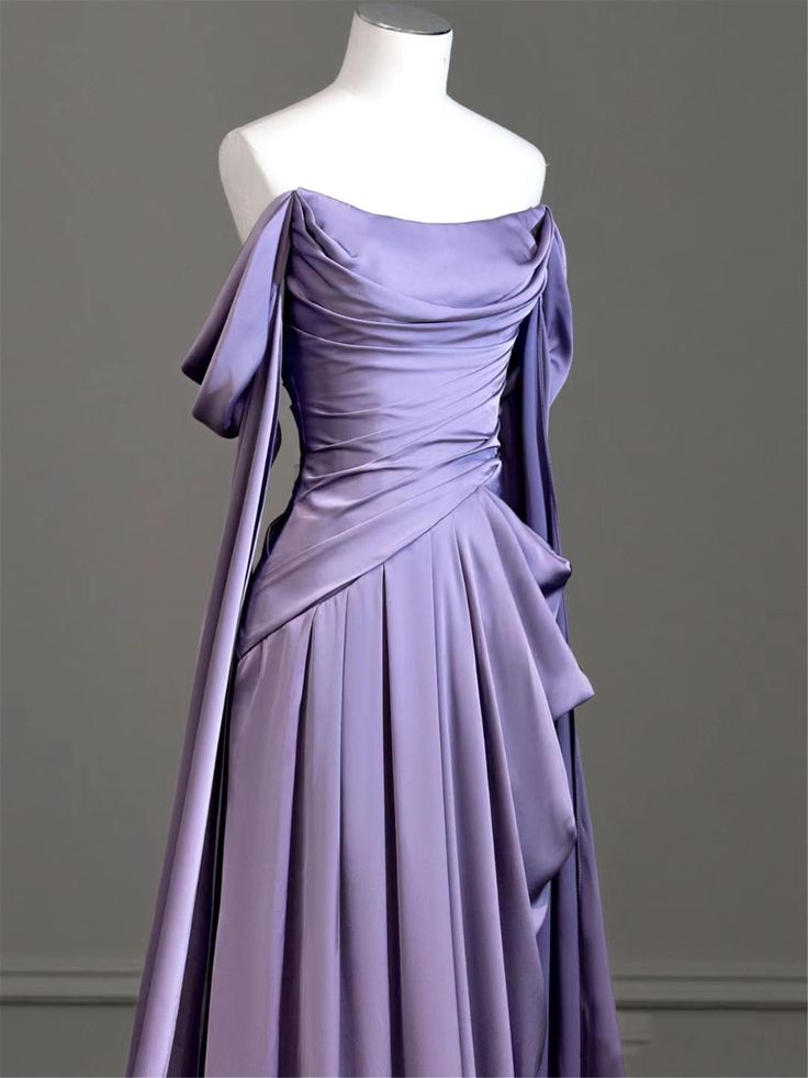 Elegant Purple Satin Formal Prom Dresses, Draped Bodice Formal Party Dresses