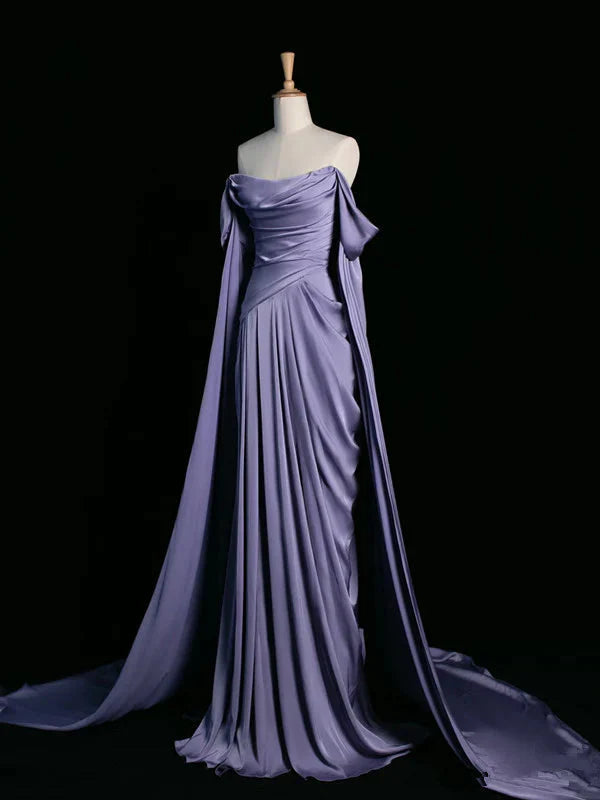 Elegant Purple Satin Formal Prom Dresses, Draped Bodice Formal Party Dresses