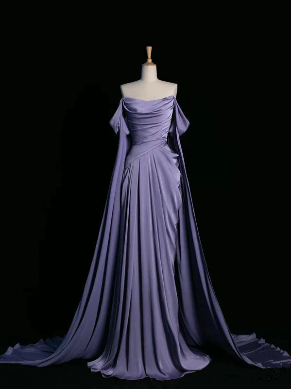 Elegant Purple Satin Formal Prom Dresses, Draped Bodice Formal Party Dresses