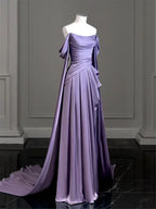 Elegant Purple Satin Formal Prom Dresses, Draped Bodice Formal Party Dresses
