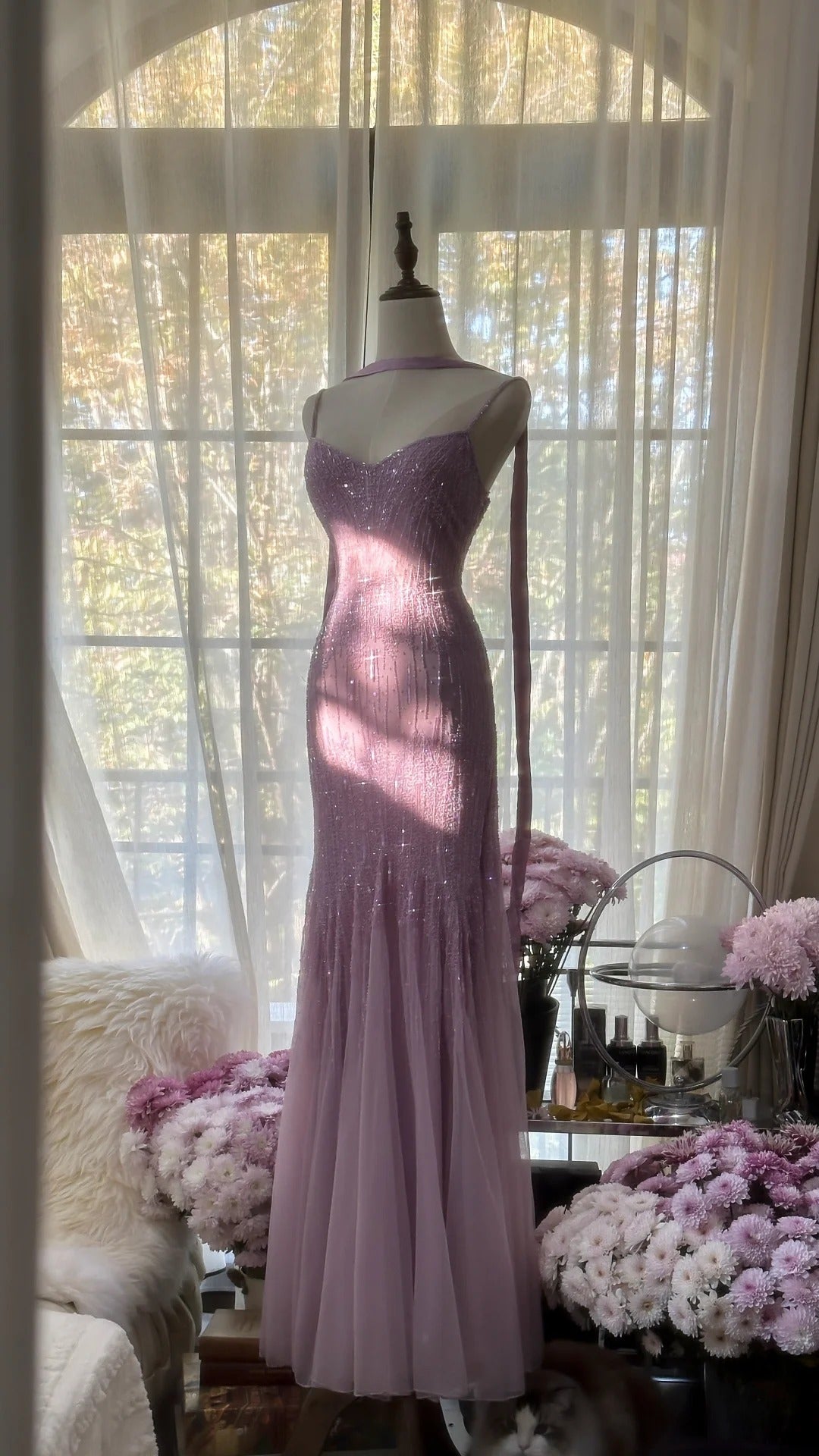 Sparkly Spaghetti Straps Purple Mermaid Wedding Guest Dresses Beaded Tulle Chiffon Long Formal Prom Dresses Secondary image