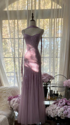 Sparkly Spaghetti Straps Purple Mermaid Wedding Guest Dresses Beaded Tulle Chiffon Long Formal Prom Dresses