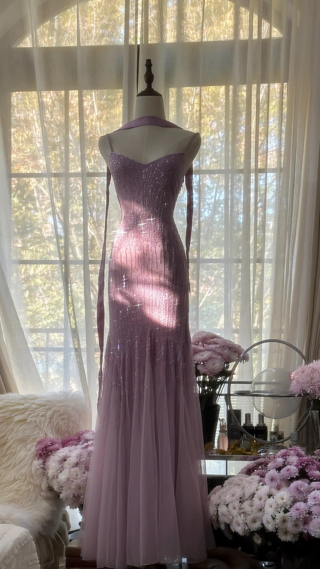 Sparkly Spaghetti Straps Purple Mermaid Wedding Guest Dresses Beaded Tulle Chiffon Long Formal Prom Dresses