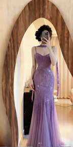 Sparkly Spaghetti Straps Purple Mermaid Wedding Guest Dresses Beaded Tulle Chiffon Long Formal Prom Dresses