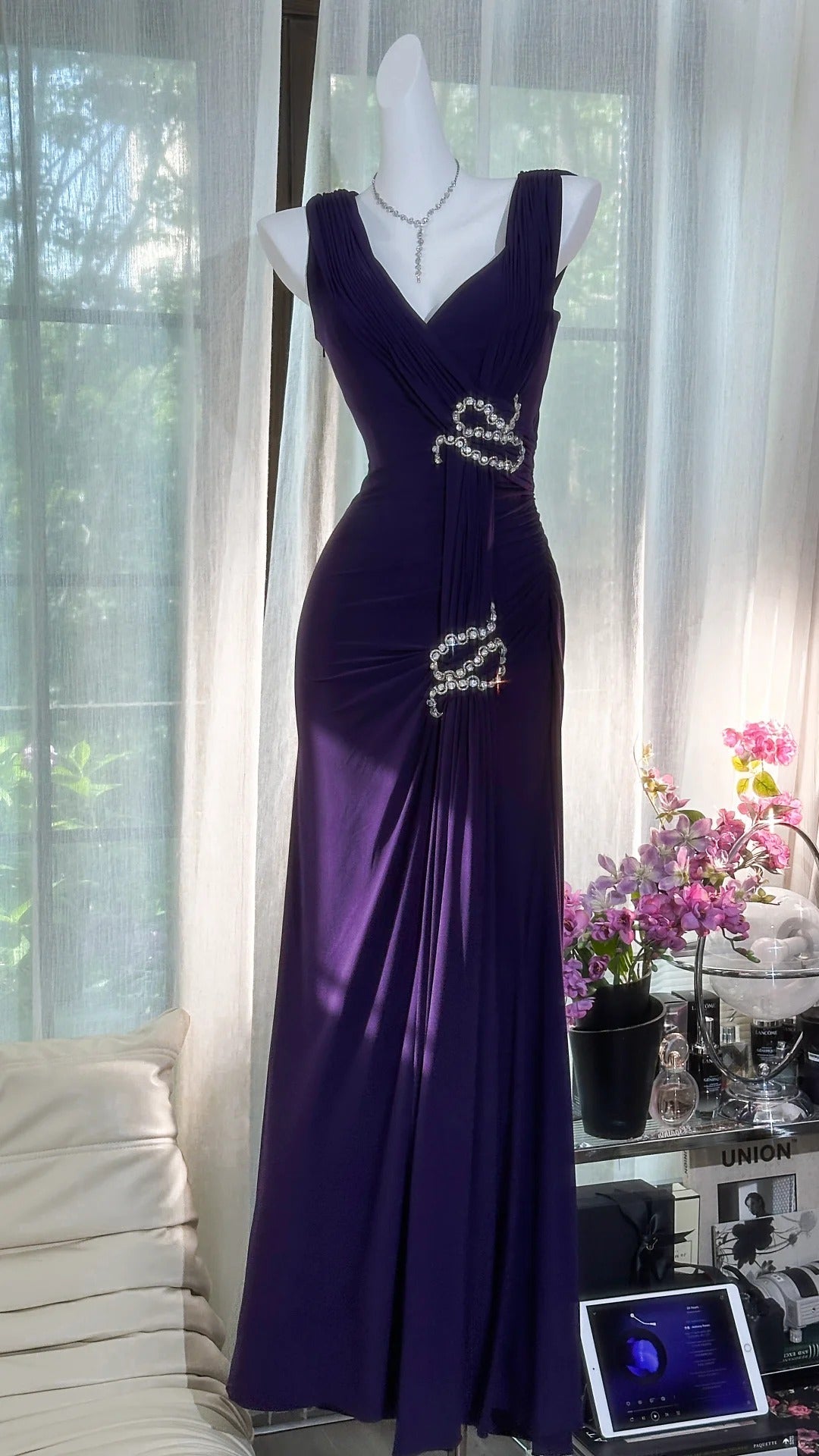 Elegant Purple Strapless Chiffon Long Formal Prom Dresses